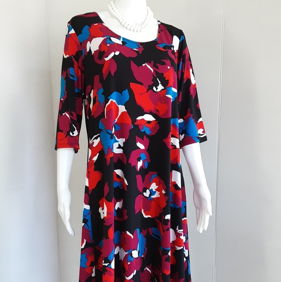ROZ & ALI RED FLORAL PRINT DRESS SZ L - Picture 1 of 10